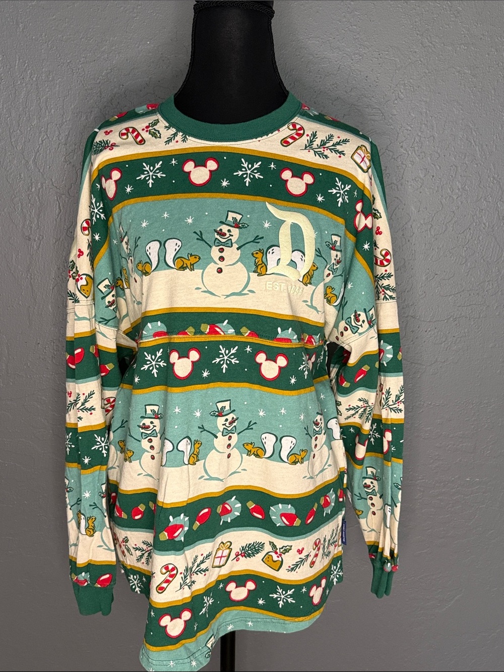 Disney Green, Teal and Cream Snowman Mickey Holiday Long Sleeve Top